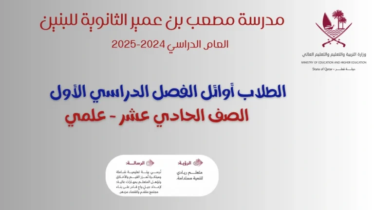 أوائل إختبارات نهاية الفصل الدراسي الأول – حادي عشر علمي